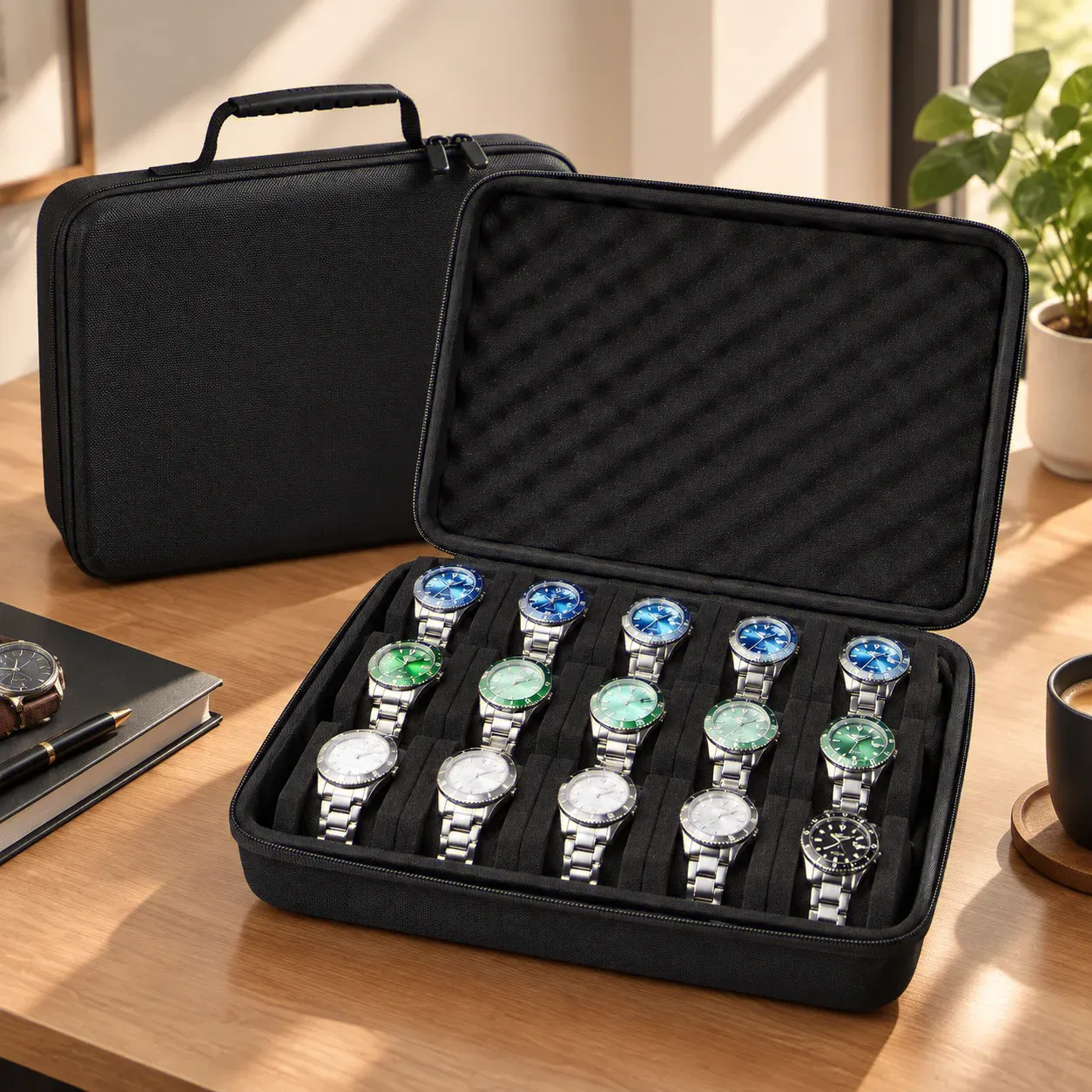 Boîte de rangement pour montres HTMCK à 15 compartiments, étui de présentation portable 3