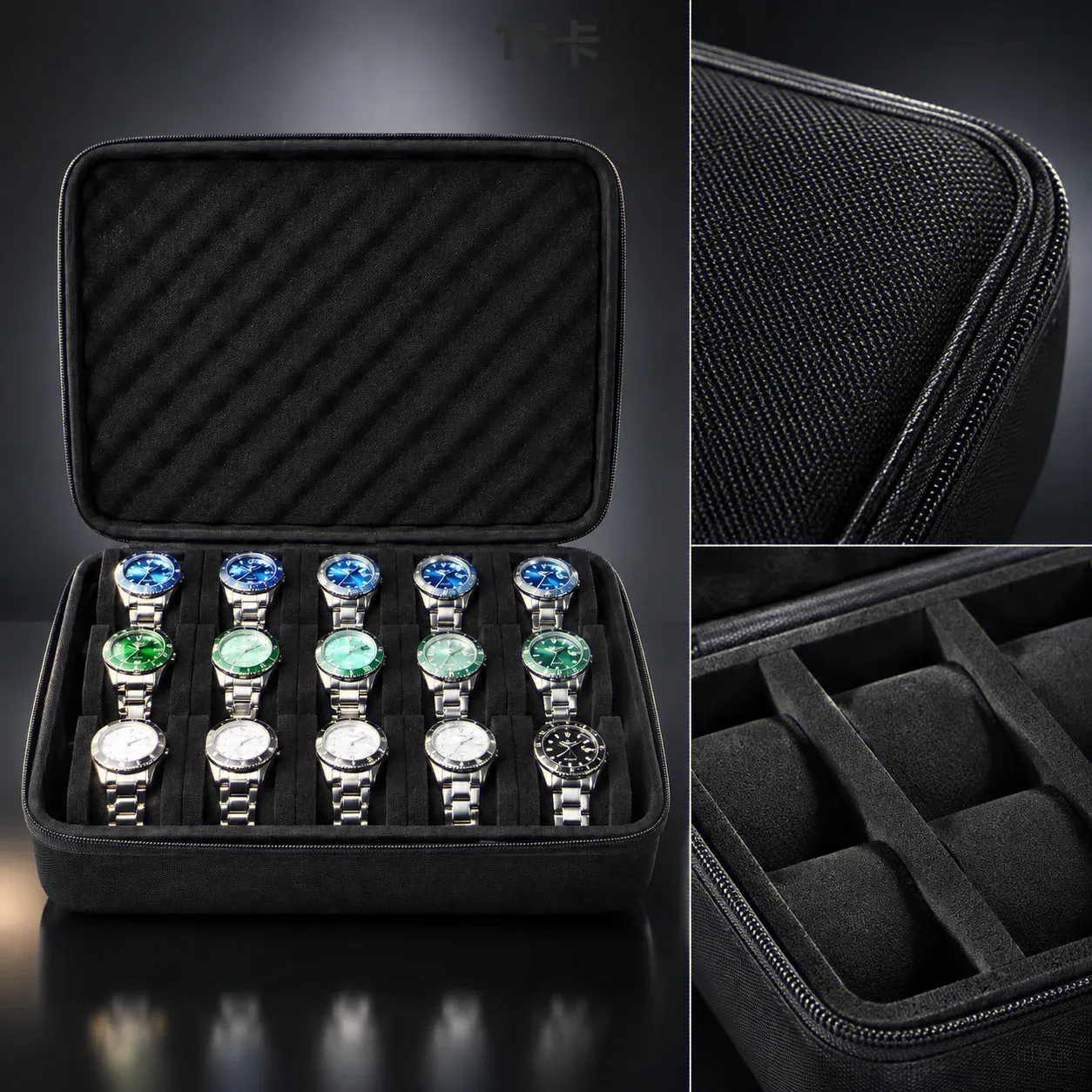 Boîte de rangement pour montres HTMCK à 15 compartiments, étui de présentation portable 4