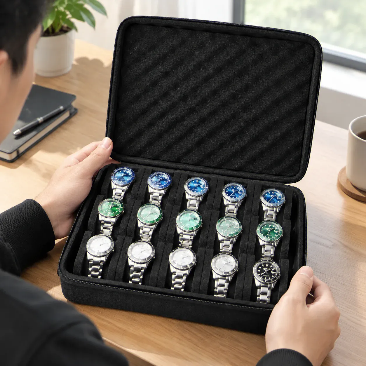 Boîte de rangement pour montres HTMCK à 15 compartiments, étui de présentation portable 5