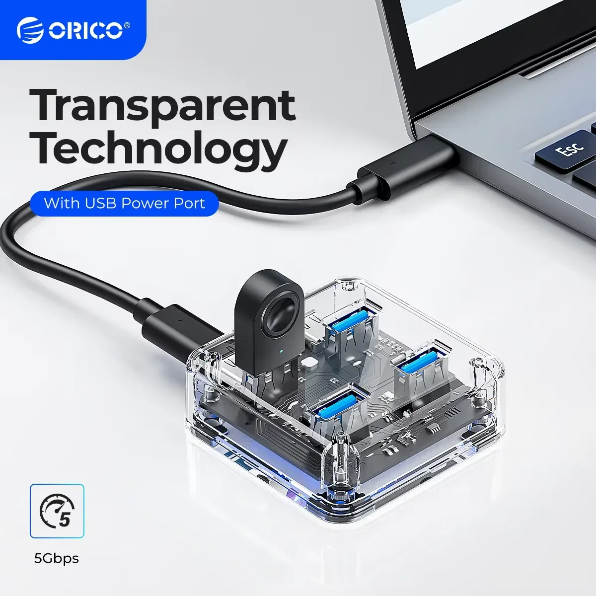 ORICO Hub USB-C transparent 4 ports avec alimentation, USB 3.2, transmission haute vitesse et adaptateur OTG