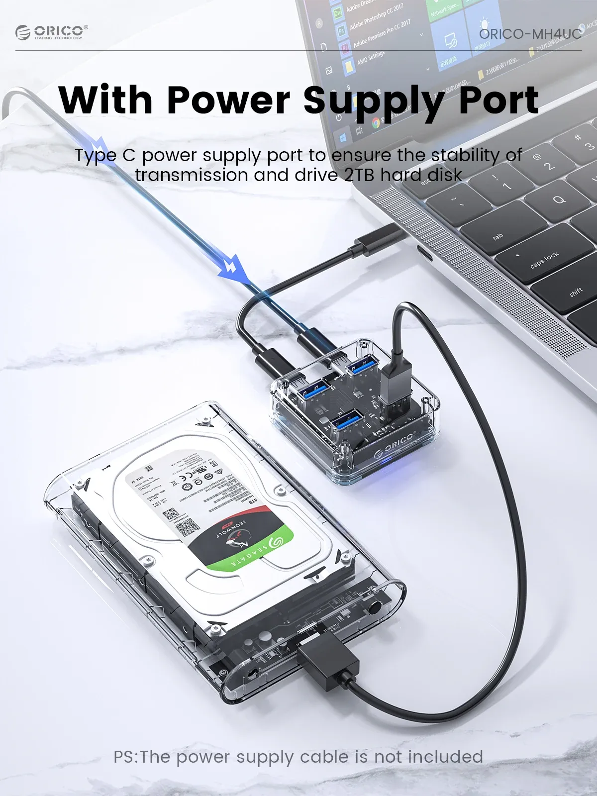 ORICO Hub USB-C transparent 4 ports avec alimentation, USB 3.2, transmission haute vitesse et adaptateur OTG 4
