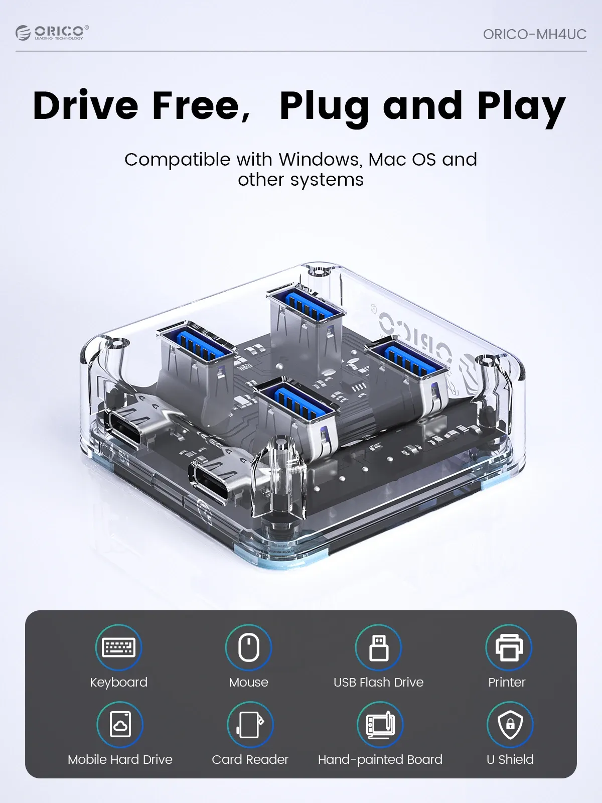 ORICO Hub USB-C transparent 4 ports avec alimentation, USB 3.2, transmission haute vitesse et adaptateur OTG 5