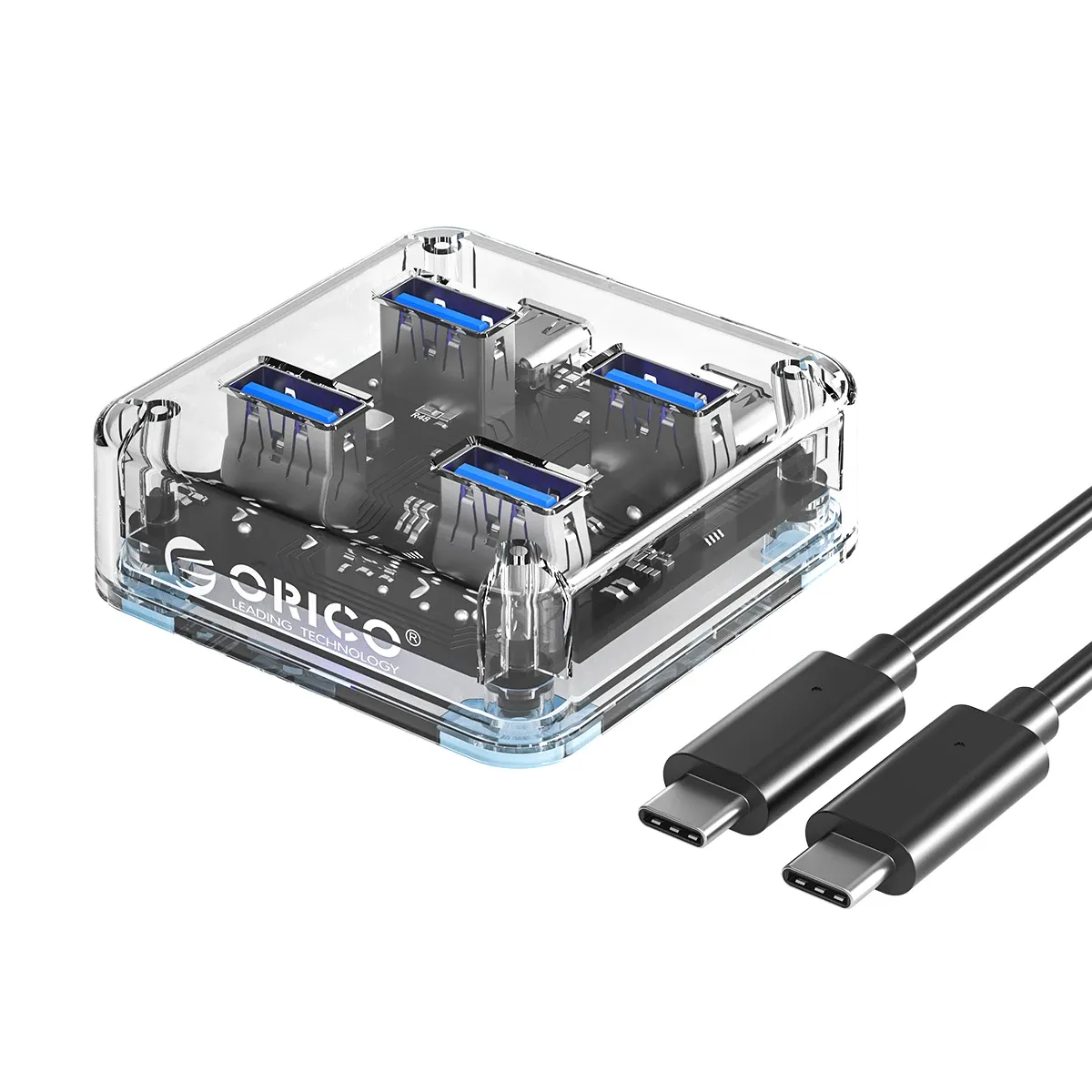 ORICO Hub USB-C transparent 4 ports avec alimentation, USB 3.2, transmission haute vitesse et adaptateur OTG 6