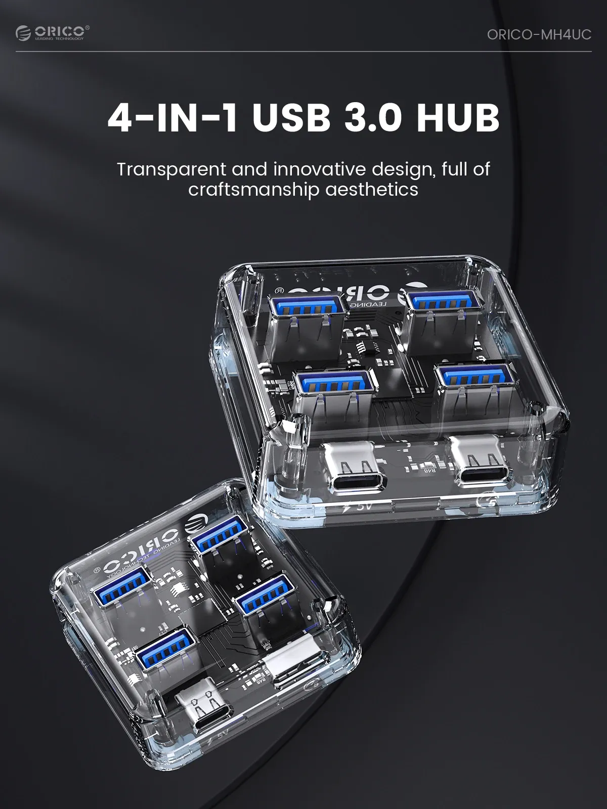 Hub USB-C transparent ORICO au design épuré