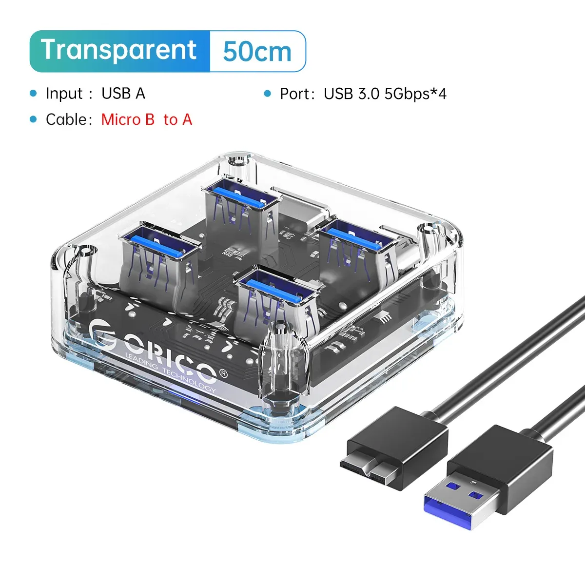 ORICO Hub USB-C transparent 4 ports avec alimentation, USB 3.2, transmission haute vitesse et adaptateur OTG 10