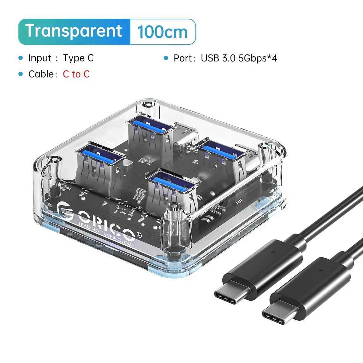 ORICO Hub USB-C transparent 4 ports avec alimentation, USB 3.2, transmission haute vitesse et adaptateur OTG 12