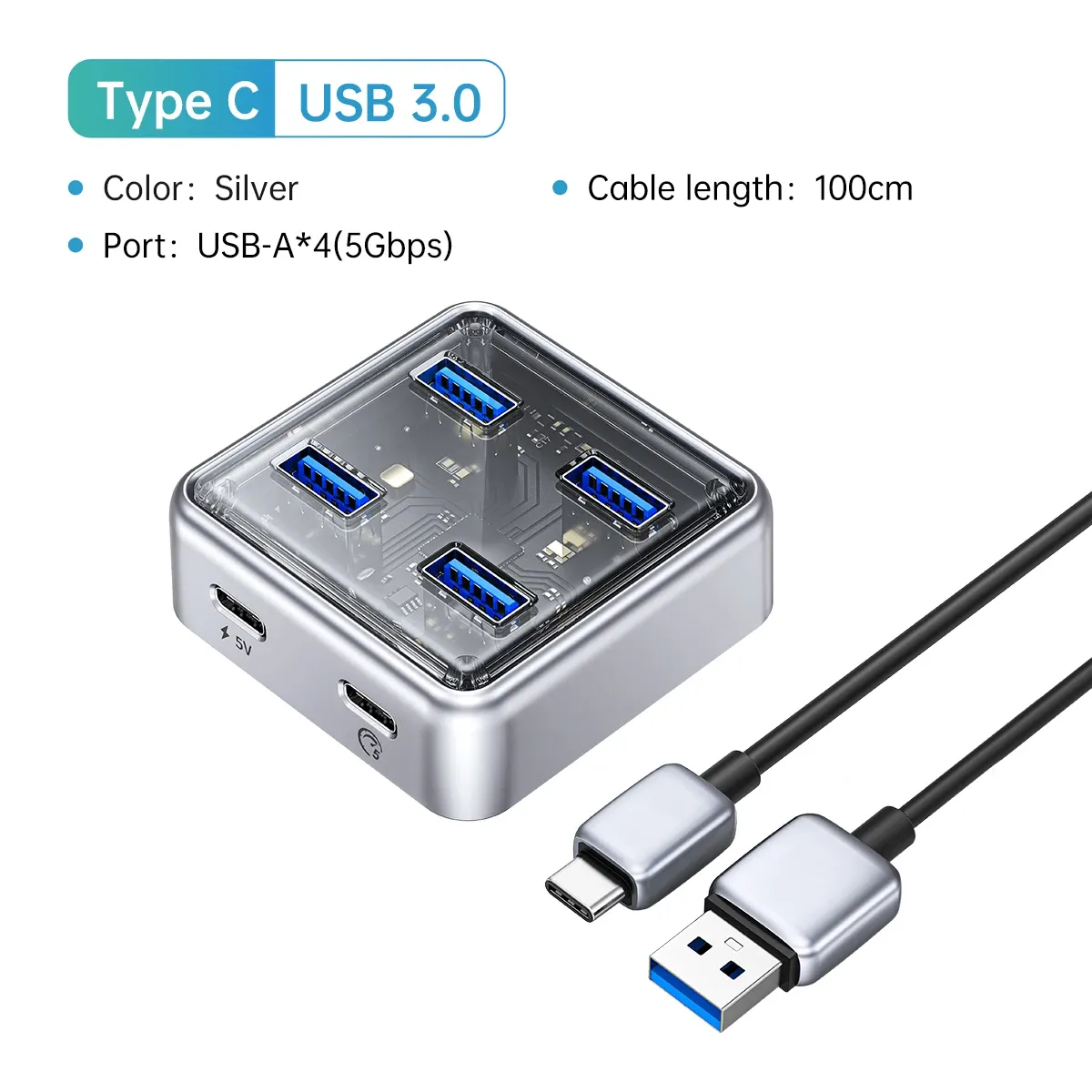 ORICO Hub USB-C transparent 4 ports avec alimentation, USB 3.2, transmission haute vitesse et adaptateur OTG 7