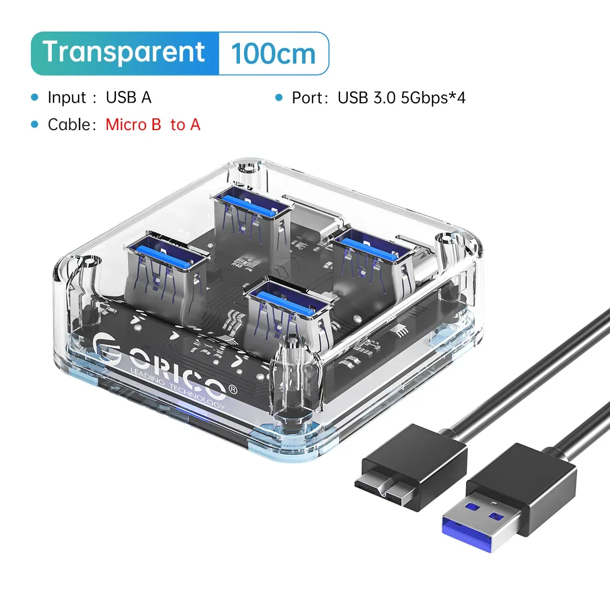 ORICO Hub USB-C transparent 4 ports avec alimentation, USB 3.2, transmission haute vitesse et adaptateur OTG 8