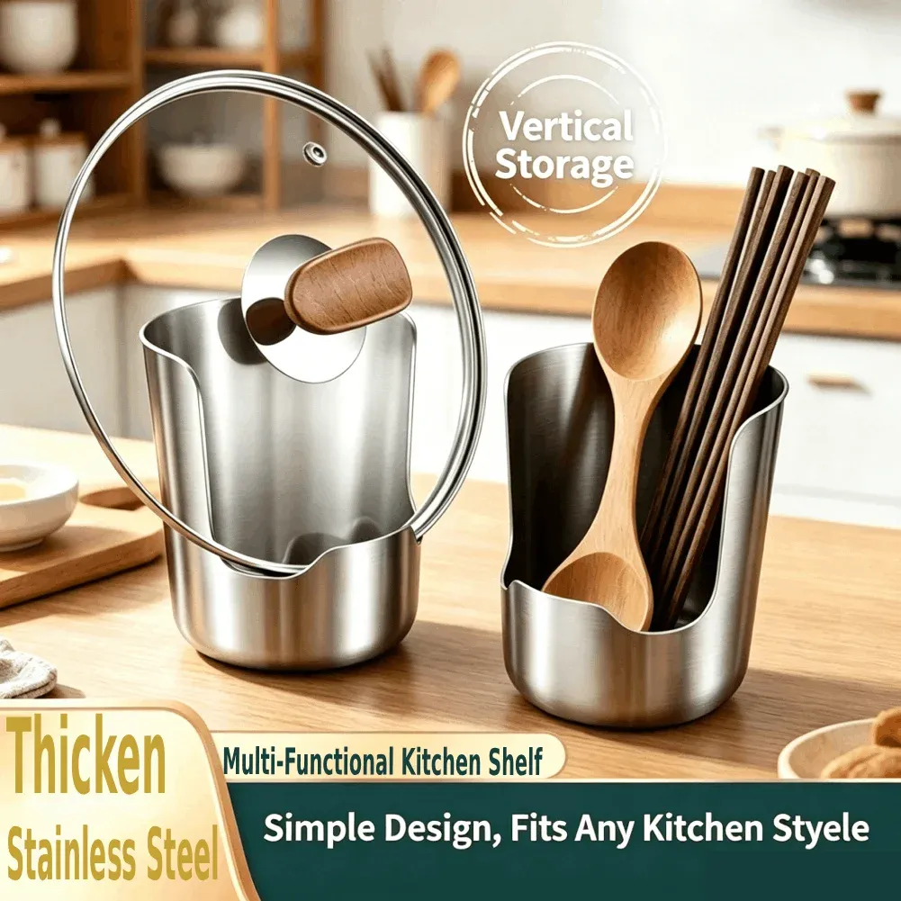 Support de couvercle de casserole en acier inoxydable, organisateur de comptoir de cuisine multifonctionnel, support de rangement vertical pour cuillères et ustensiles de cuisine 1
