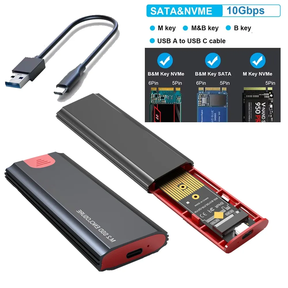 Boîtier SSD M.2 NVMe et SATA, adaptateur USB 3.2 Gen2 10 Gbit/s USB-C, boîtier externe compatible clés M, B et B+M