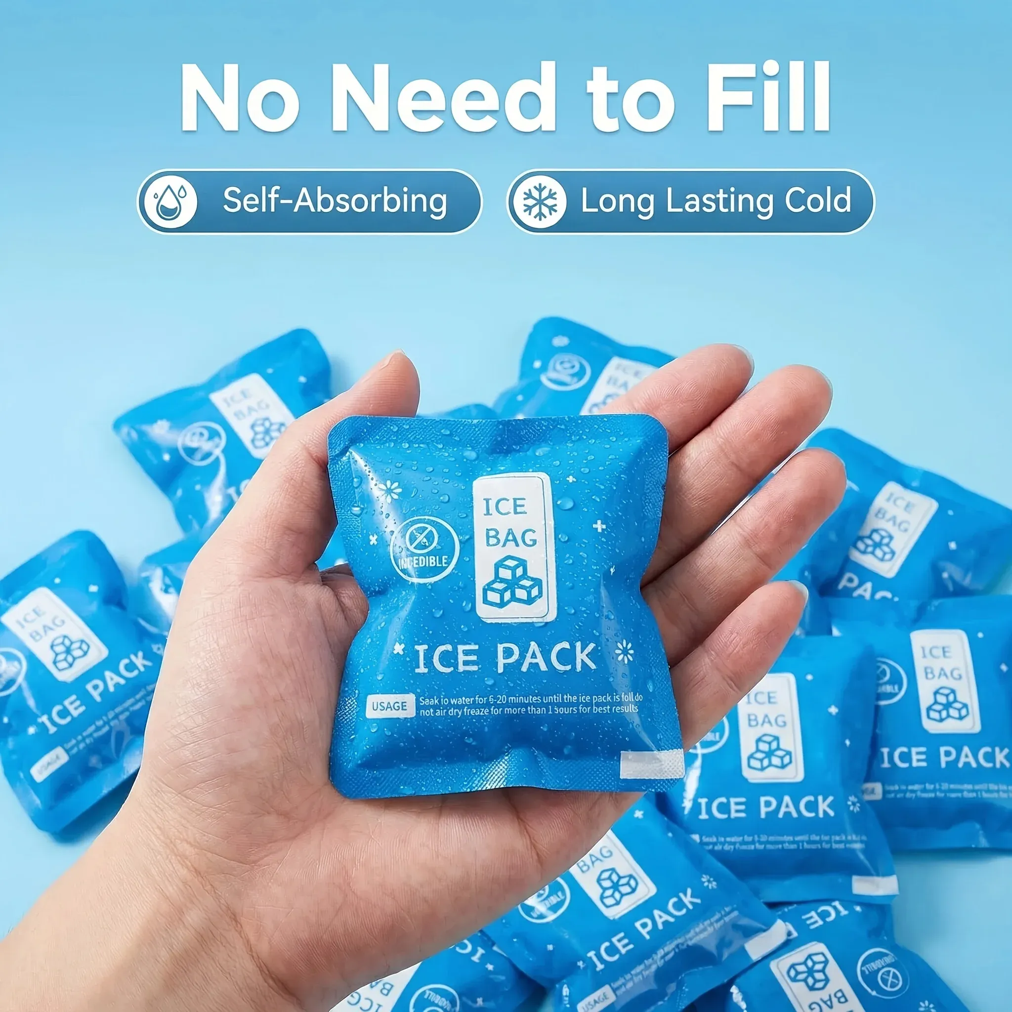 Lot de 100 sacs de glace auto-absorbants 7 x 7 cm, réutilisables, pour la conservation au frais des aliments et boissons 3