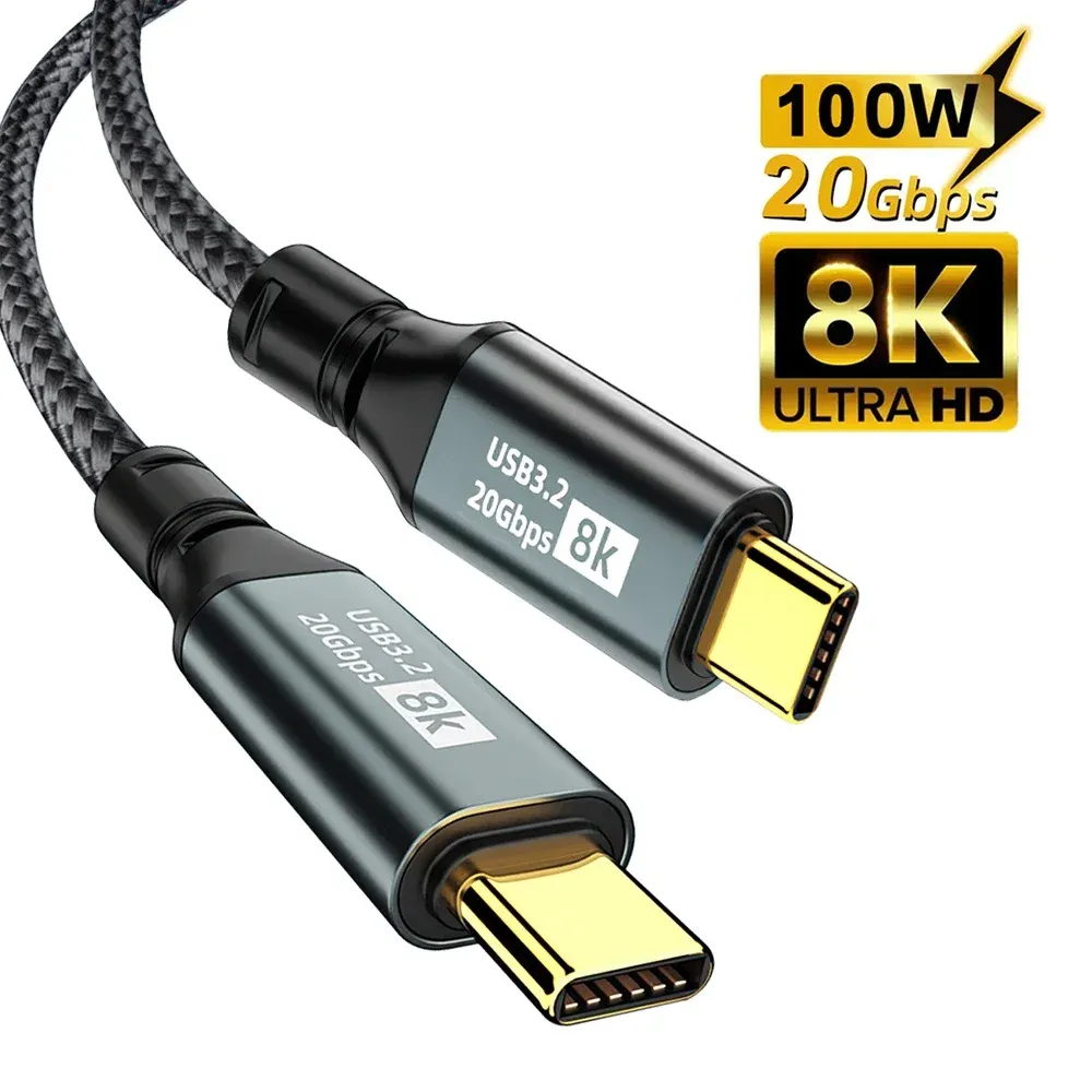Câble USB-C vers USB-C 100 W, USB 3.2 20 Gbit/s, Thunderbolt 3, 8K @ 60 Hz, compatible iPhone 15 Pro Max, MacBook et Samsung, 2 m / 3 m