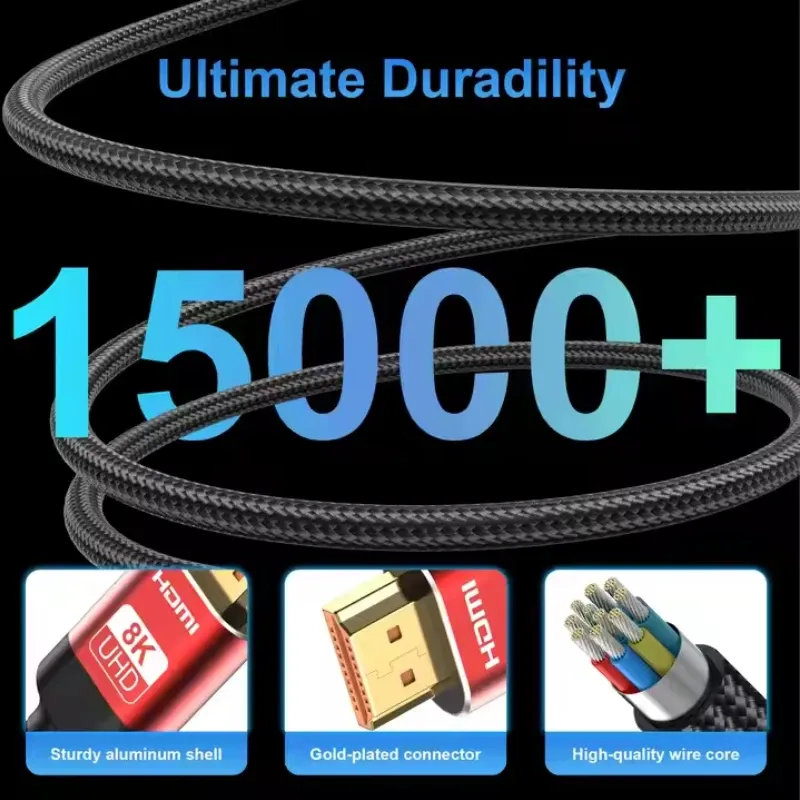 Câble HDMI 2.1 8K haute vitesse, 60 Hz, 4K, 144 Hz, 3D, pour TV, moniteur d'ordinateur, projecteur et console de jeu PS, audio et vidéo 4