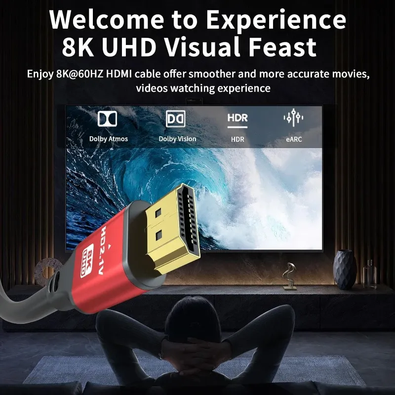 Câble HDMI 2.1 8K haute vitesse, 60 Hz, 4K, 144 Hz, 3D, pour TV, moniteur d'ordinateur, projecteur et console de jeu PS, audio et vidéo 5
