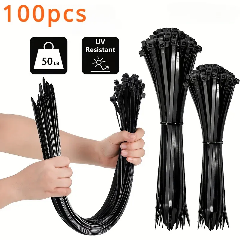 Attaches de câbles noires, lot de 100, haute résistance à la traction, résistantes aux UV, autobloquantes pour la gestion des câbles à la maison et au bureau - Image 1