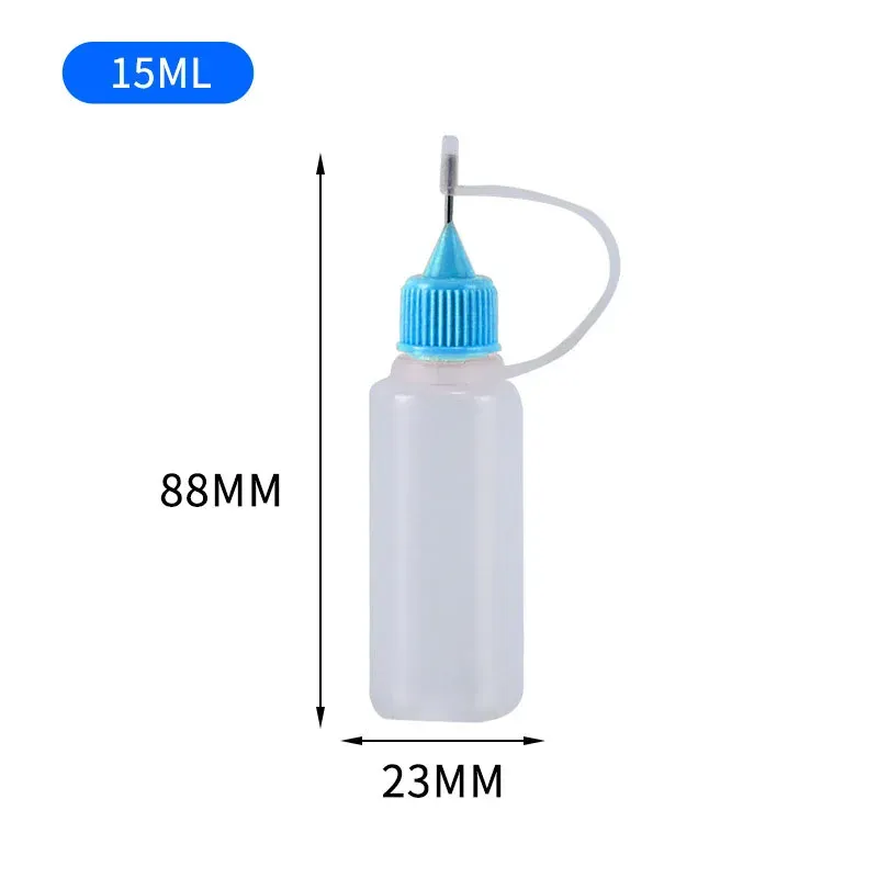 Wait, the title is already in French. Translating it into clean, professional French, removing the spammy list of sizes is not required by the instruction (only keywords stuffing), so I'll refine it:

Bouteilles compte-gouttes rechargeables en PE de 5, 10, 20, 30, 100 et 120 ml avec applicateur compressible à pointe aiguille pour huiles 14