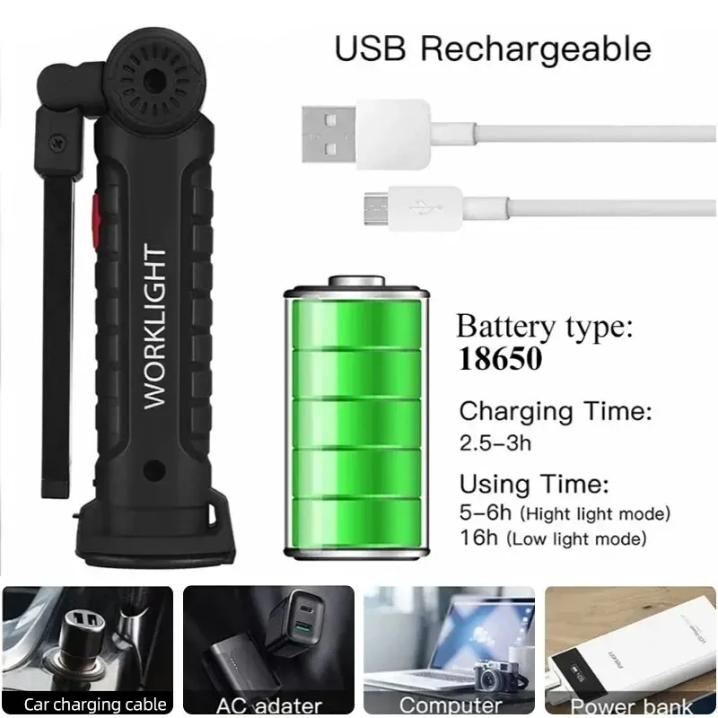 Lampe de travail LED rechargeable USB avec aimant et crochet, étanche, plusieurs modes d'éclairage, idéale pour le travail de nuit 1