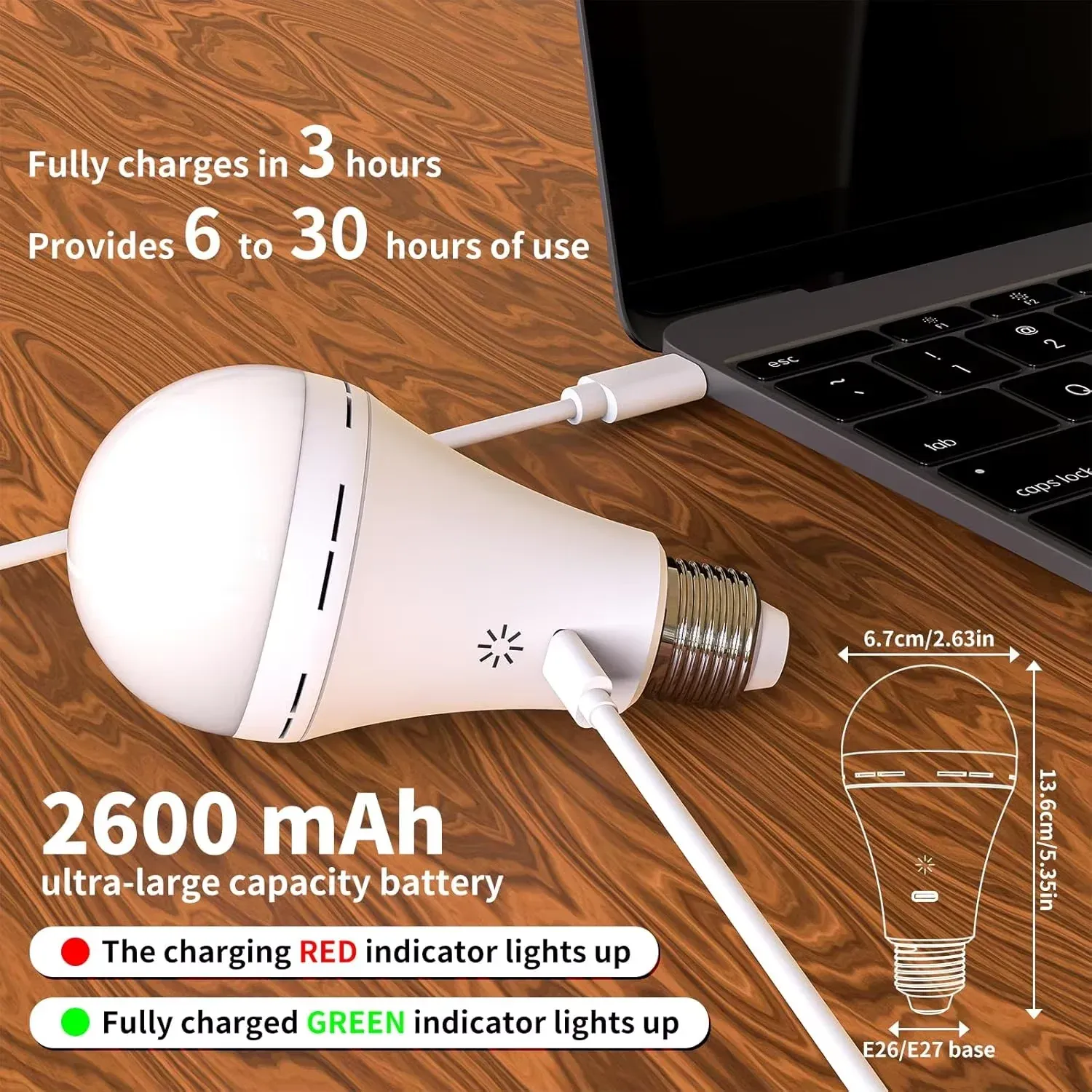 Ampoule rechargeable 2600 mAh à longue autonomie, idéale comme éclairage d'urgence pour les ouragans et les coupures de courant 2
