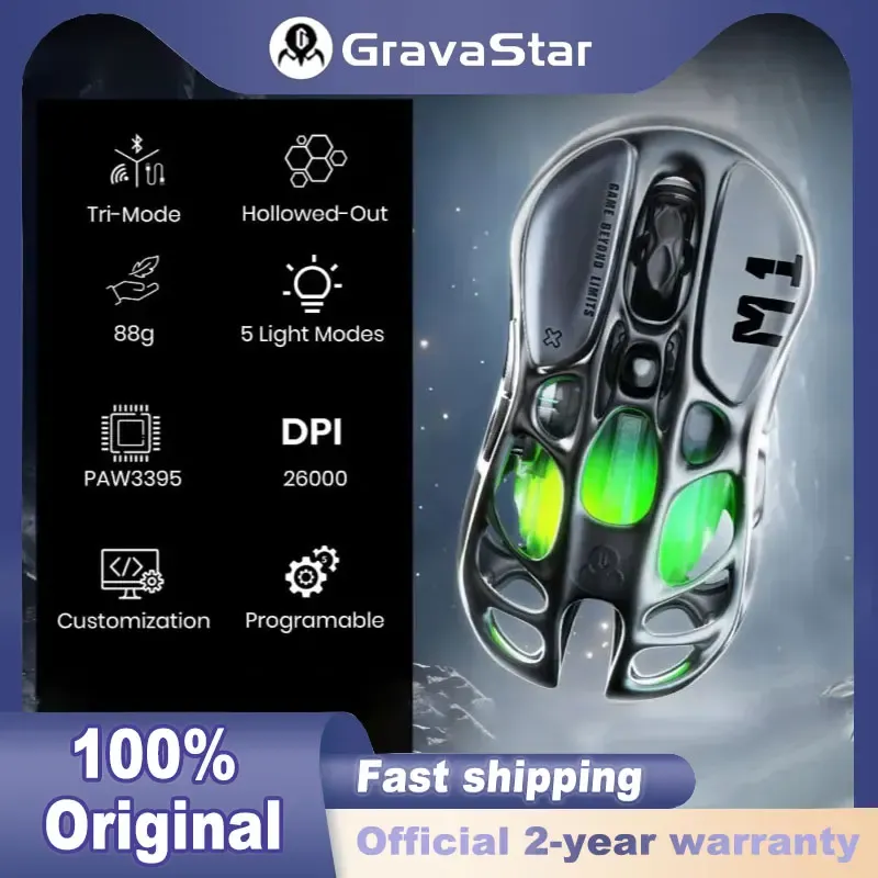 Souris de jeu sans fil GravaStar Mercury M1 Pro 100 % originale, 26 000 DPI, filaire / 2,4 GHz / Bluetooth, GLOWSYNC RGB - Image 1