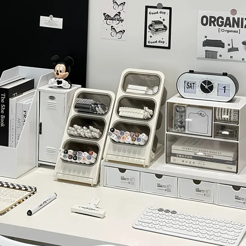 Organisateur de bureau grande capacité, porte-stylos, boîte de rangement inclinée pour crayons, support de bureau pour fournitures scolaires, de bureau et de maquillage 4