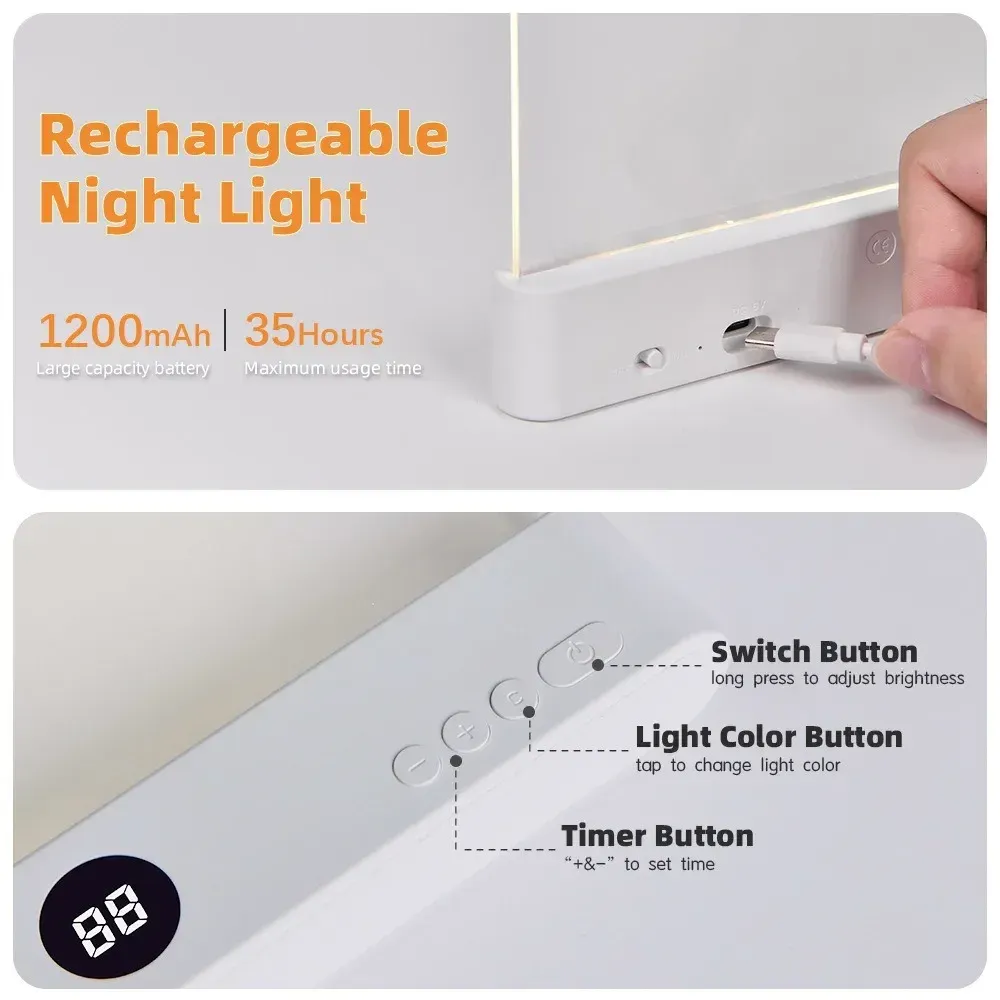Lampe de lecture LED à panneau plat, protection des yeux, vision nocturne, rechargeable, pour étudiants, utilisation en intérieur, 2 en 1, lampes de nuit