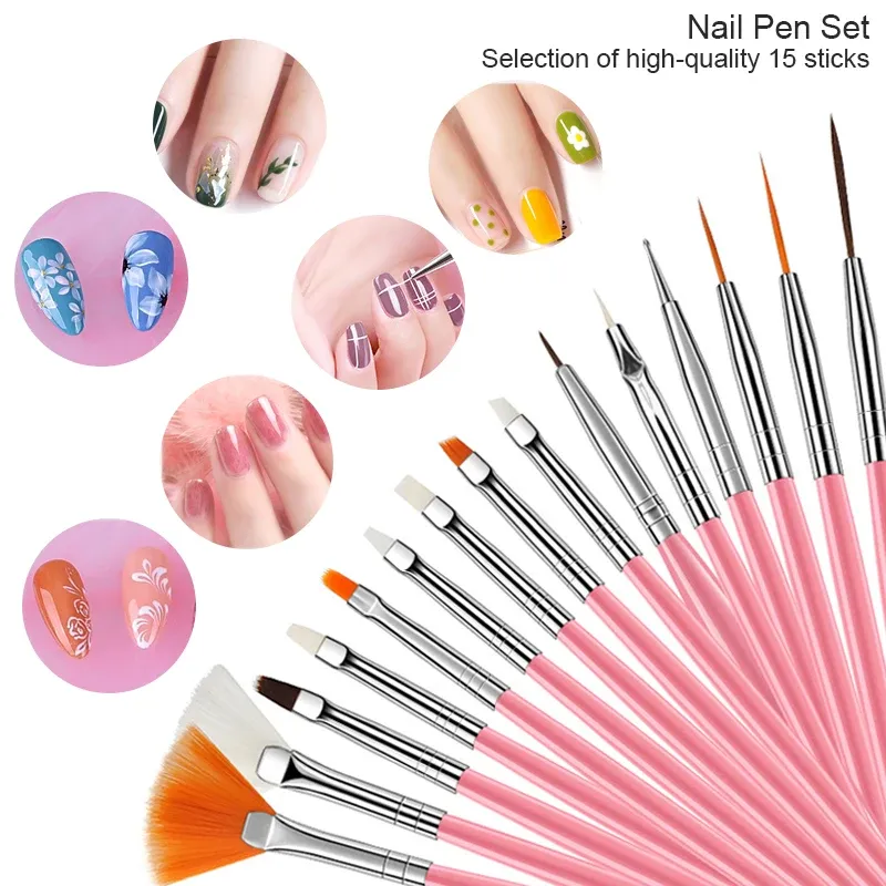 Ensemble de pinceaux pour nail art, 15 pièces, pinceaux à ongles pour gel UV, lignes et rayures, peinture, dessin, stylos à fleurs, outils de manucure professionnels 2