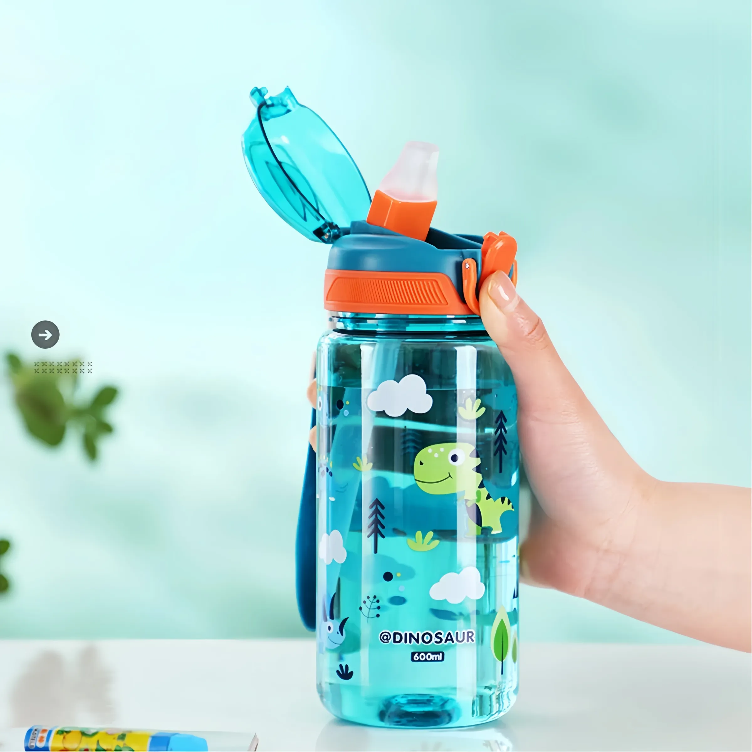 Gourde dinosaure 600 ml pour enfants, tasse à bec et paille en silicone, étanche 2
