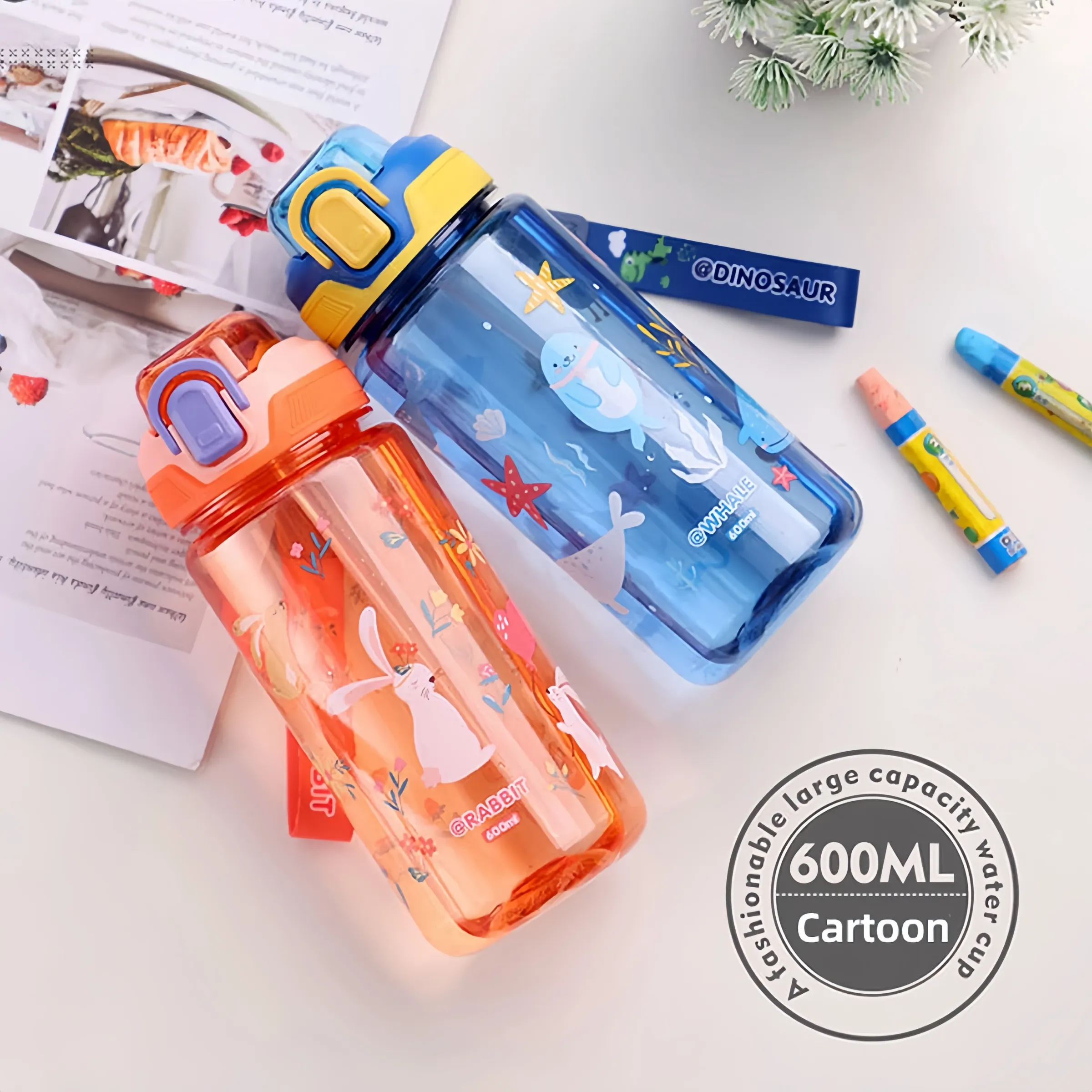 Gourde dinosaure 600 ml pour enfants, tasse à bec et paille en silicone, étanche 5
