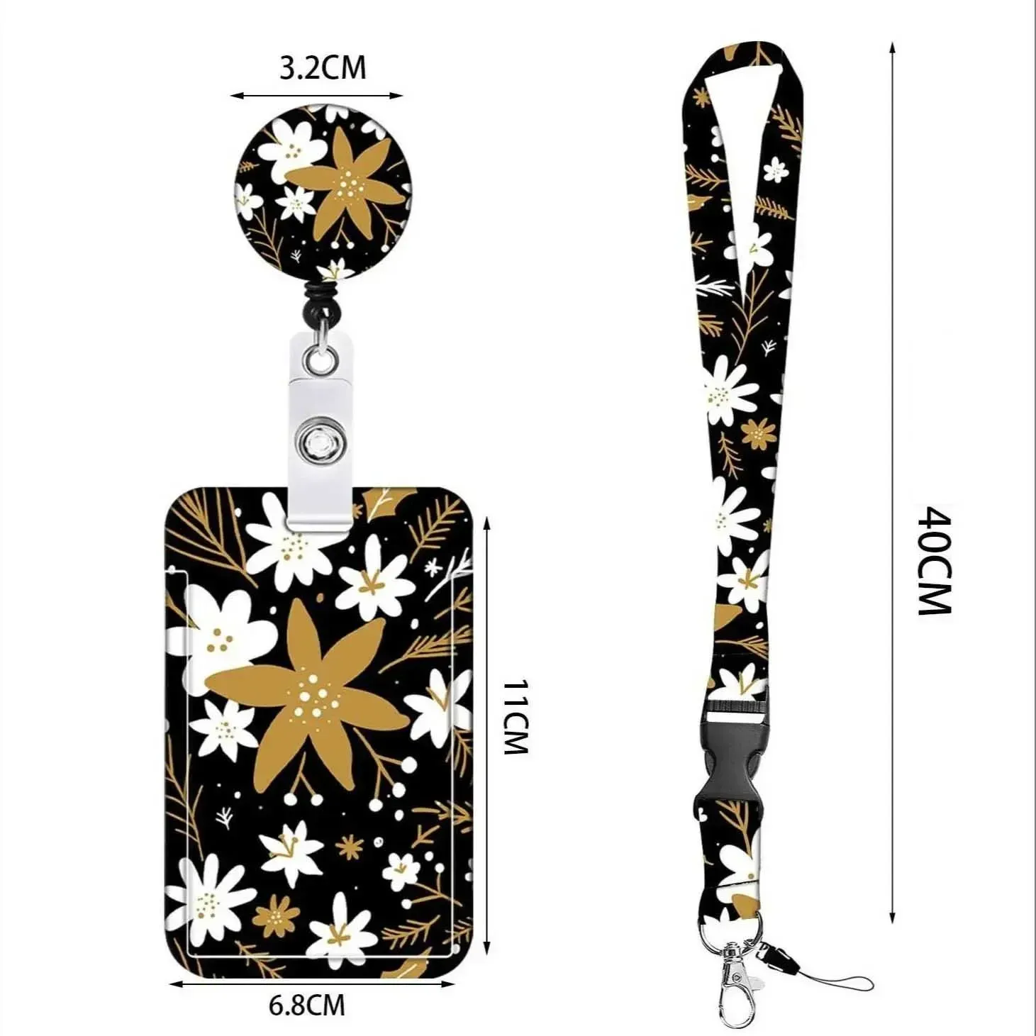 Porte-badge rétractable à longue lanière pour le personnel, motif floral 5