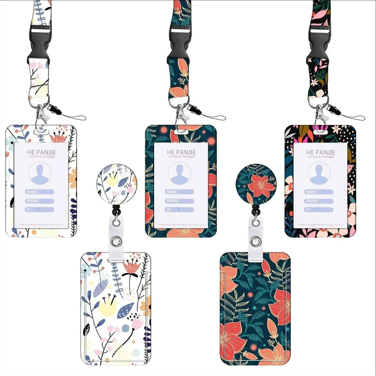 Porte-badge rétractable à longue lanière pour le personnel, motif floral 6