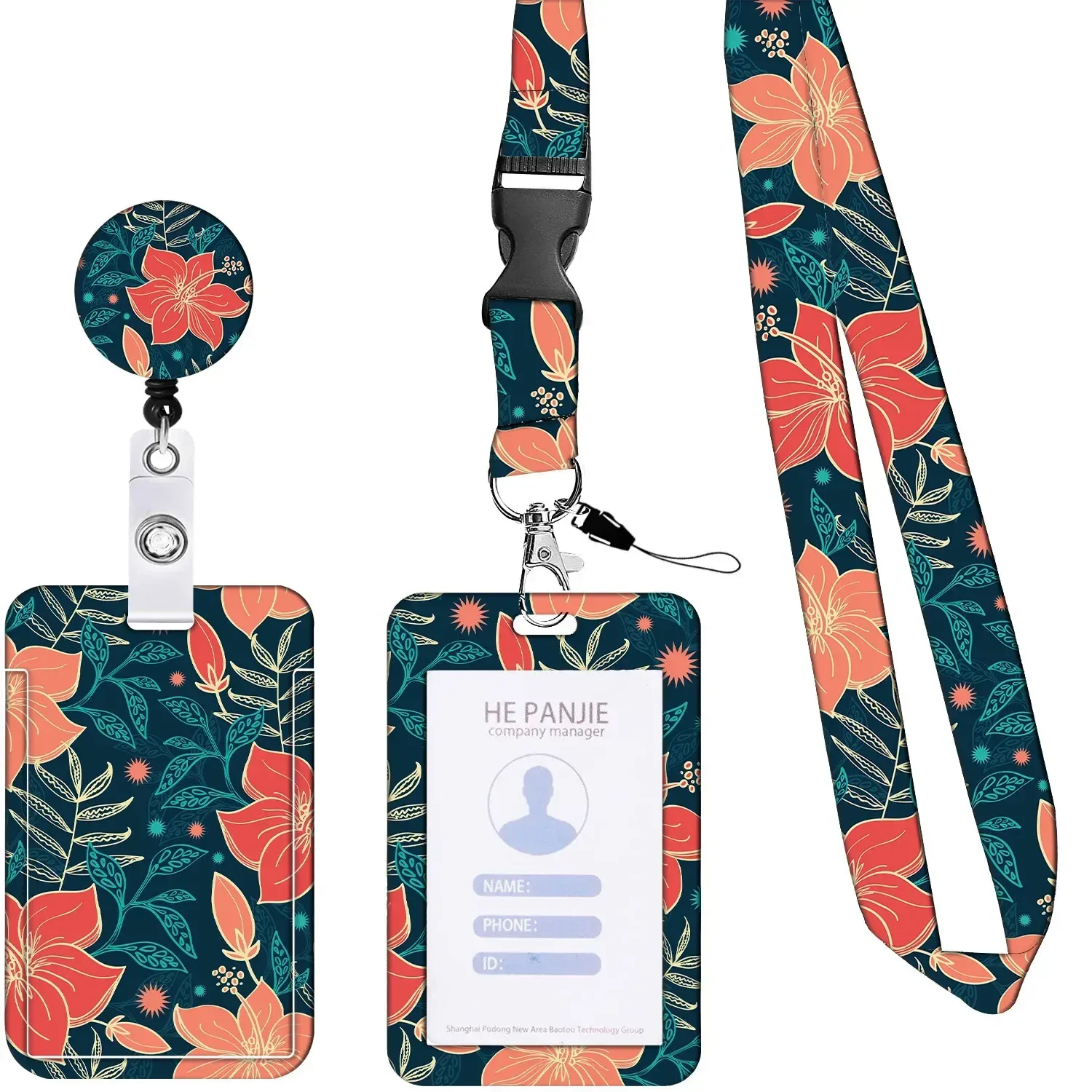 Porte-badge rétractable à longue lanière pour le personnel, motif floral 11