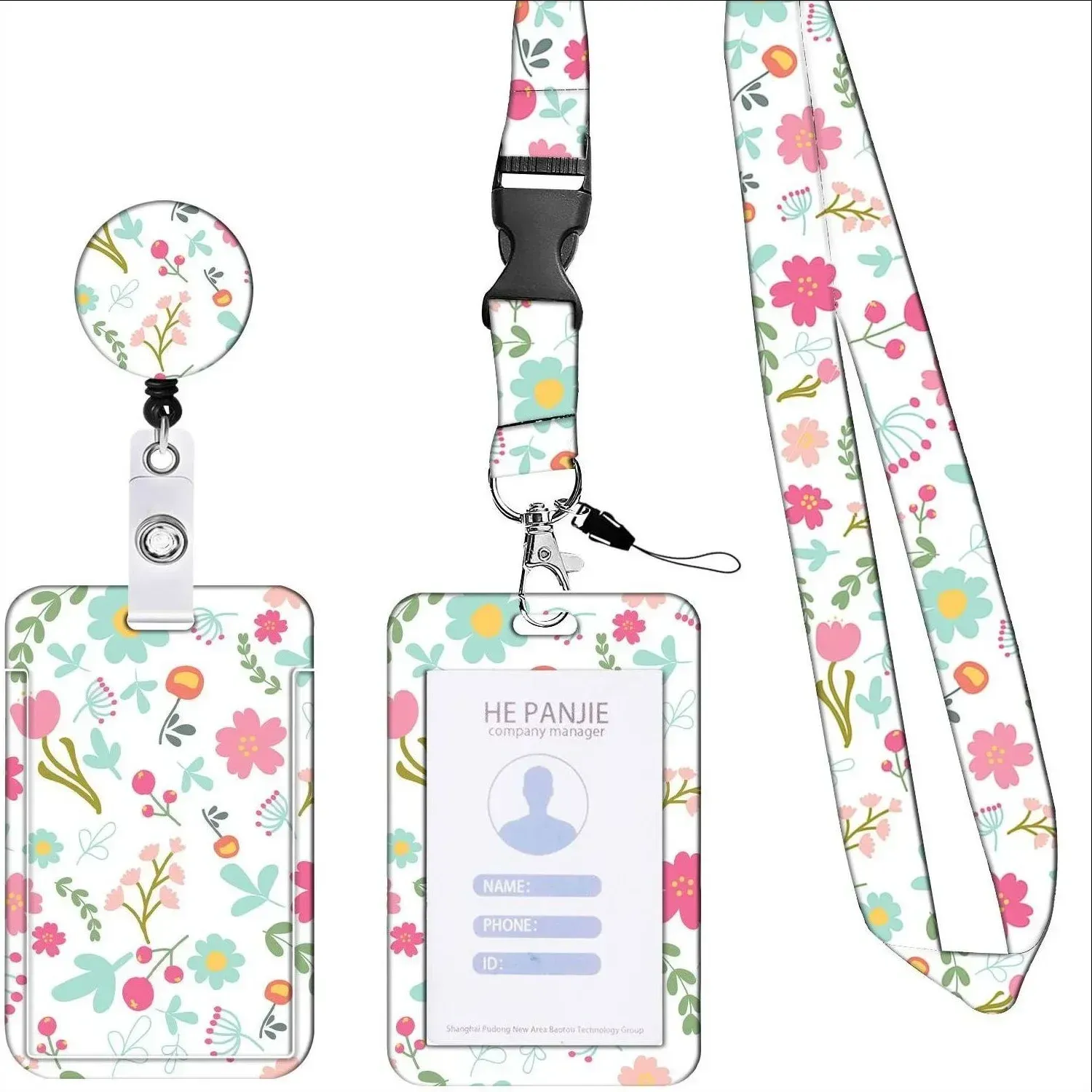 Porte-badge rétractable à longue lanière pour le personnel, motif floral 10