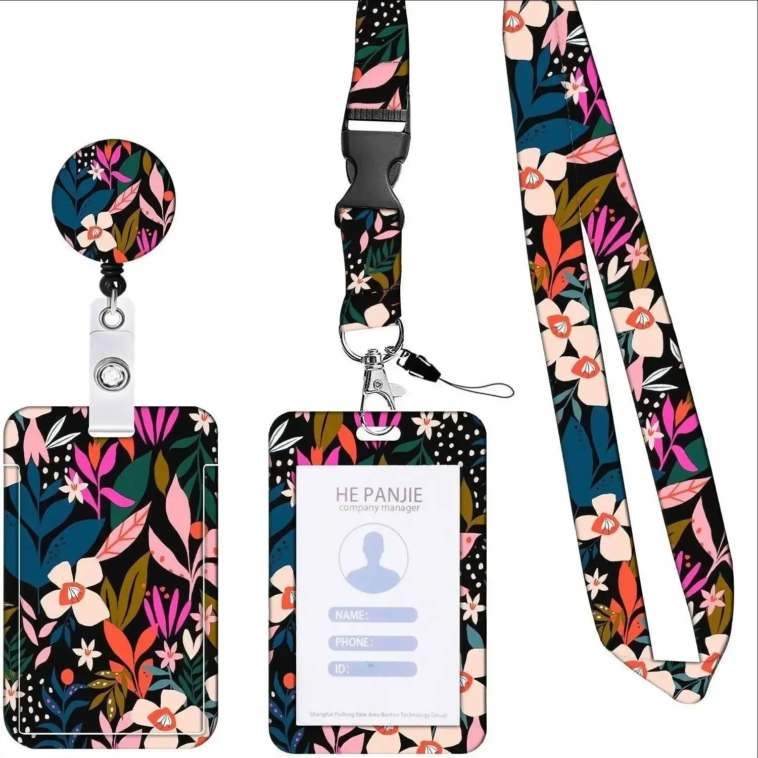 Porte-badge rétractable à longue lanière pour le personnel, motif floral 7