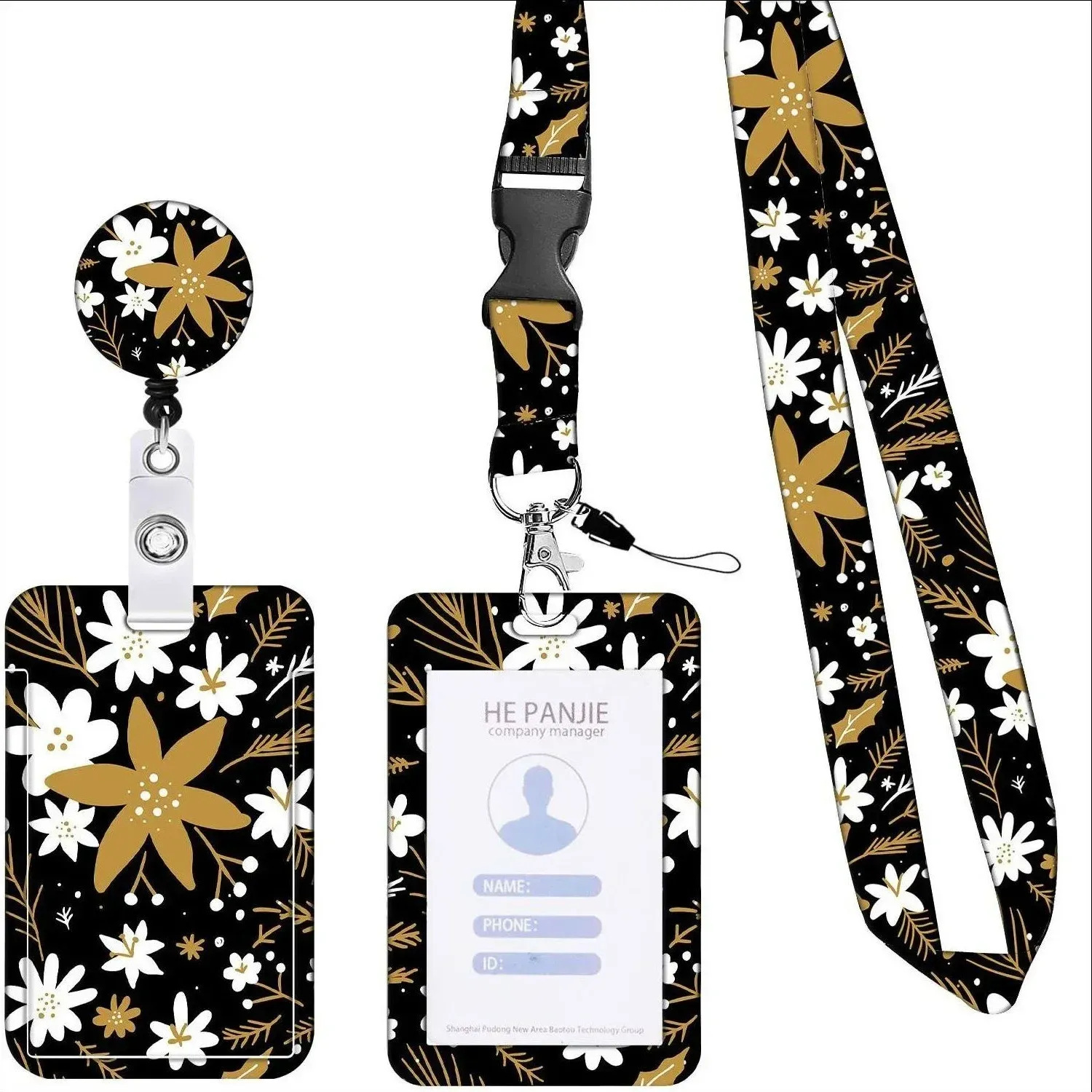 Porte-badge rétractable à longue lanière pour le personnel, motif floral 8