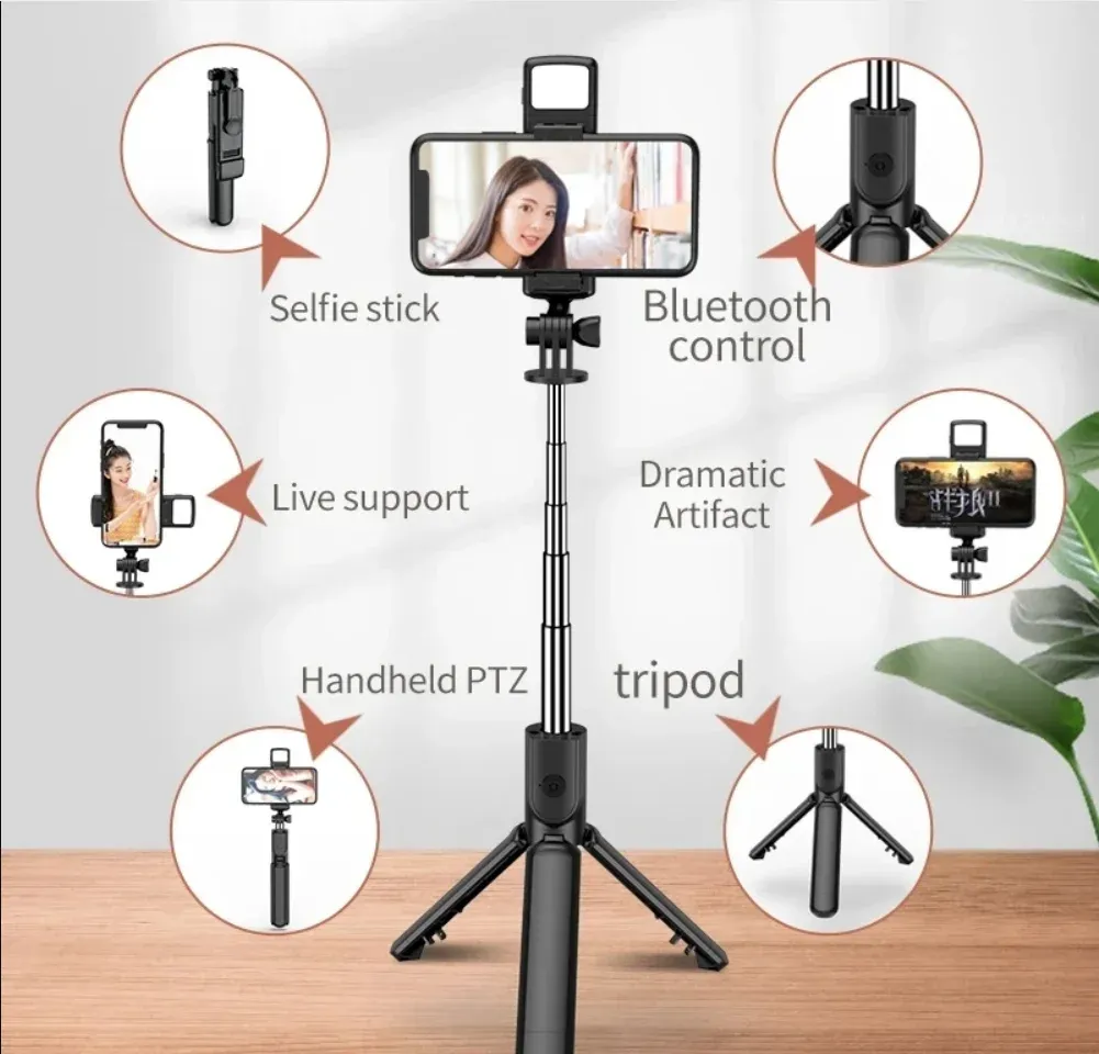 Trépied perche à selfie pour smartphone avec télécommande Bluetooth sans fil et support de téléphone avec lumière d'appoint