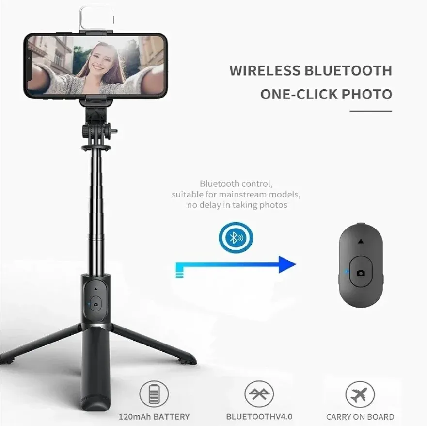 Trépied perche à selfie pour smartphone avec télécommande Bluetooth sans fil et support de téléphone avec lumière d'appoint 2