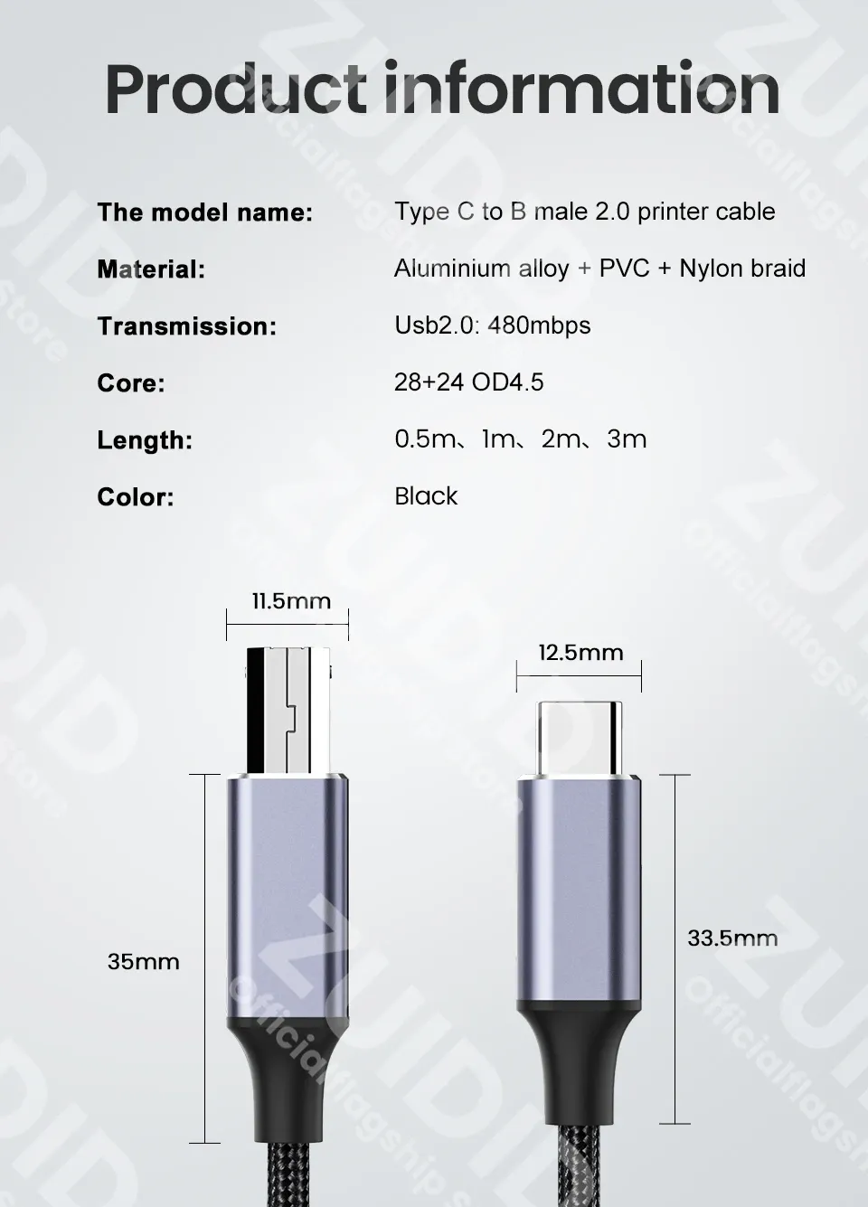 Câble USB Type-C vers USB Type B 2.0, vue d'ensemble