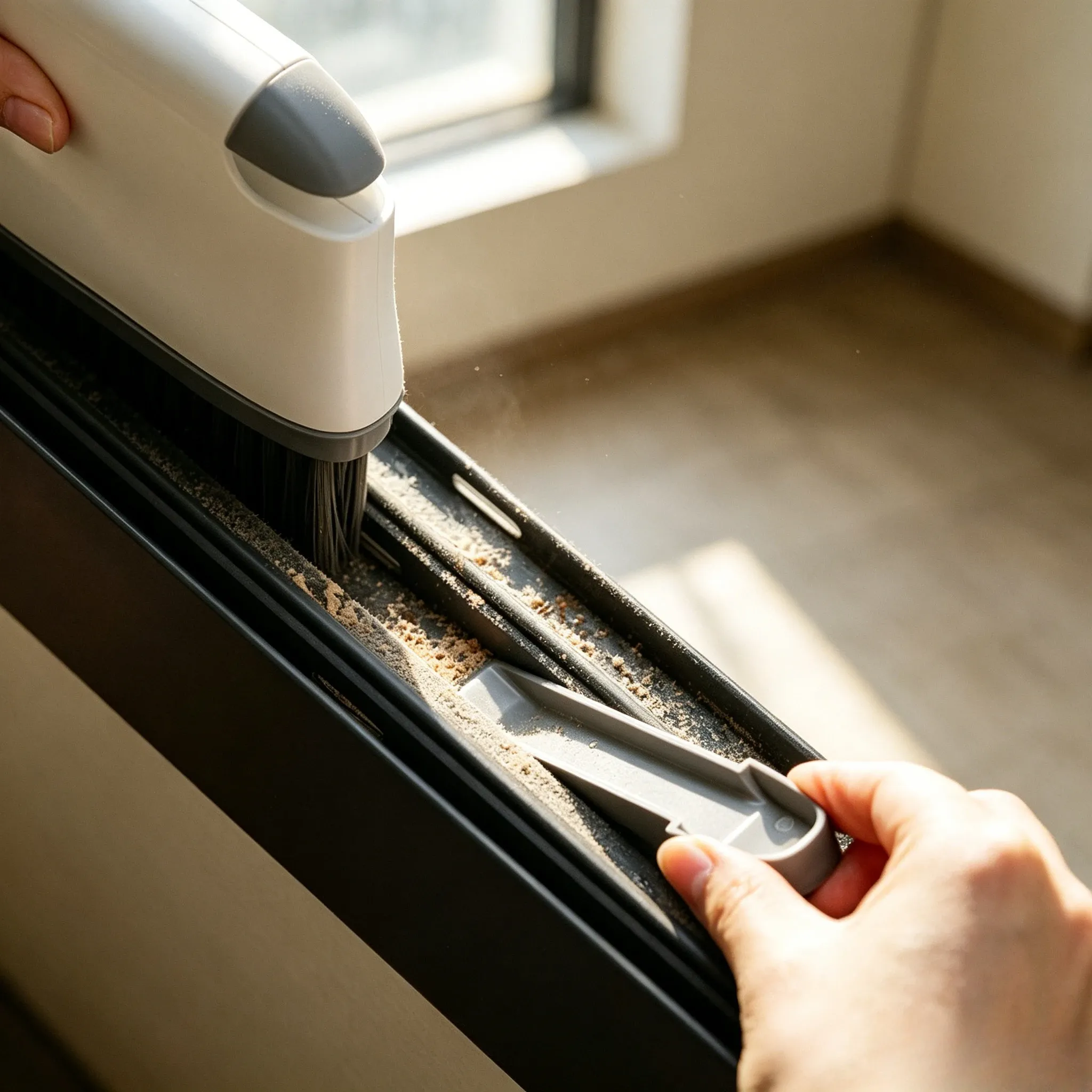 Brosse de nettoyage 2 en 1 pour rails de fenêtre et rainures de porte, outil ménager polyvalent pour la cuisine et les pièces de vie
