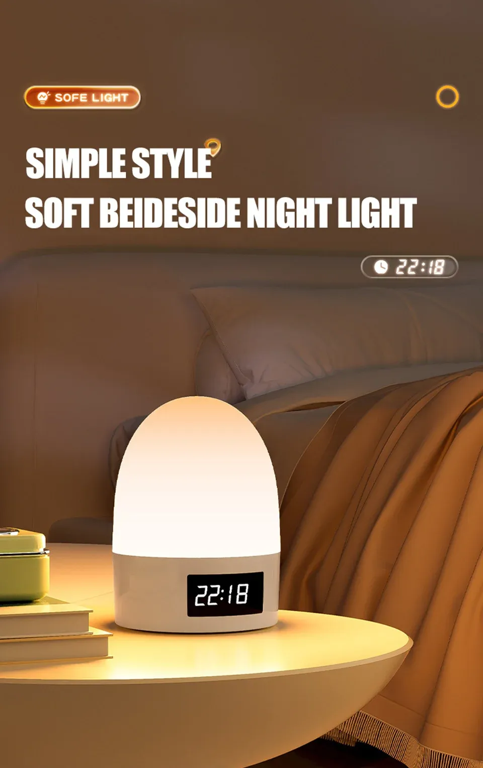 Veilleuse tactile rechargeable à 3 couleurs, vue d'ensemble
