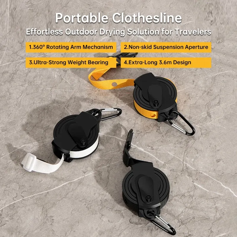 Corde à linge rétractable portable de 3,6 m, résistante au vent et antidérapante, compacte et légère, avec crochet et sac de rangement 2