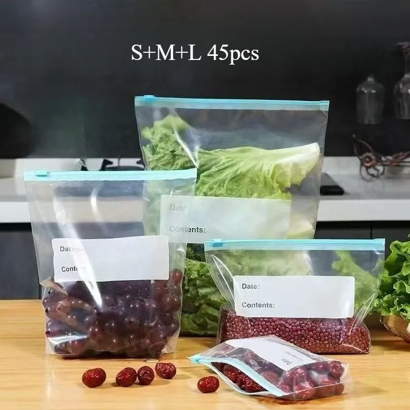 Sacs alimentaires réutilisables transparents à fermeture zip, lot de 3 tailles 10