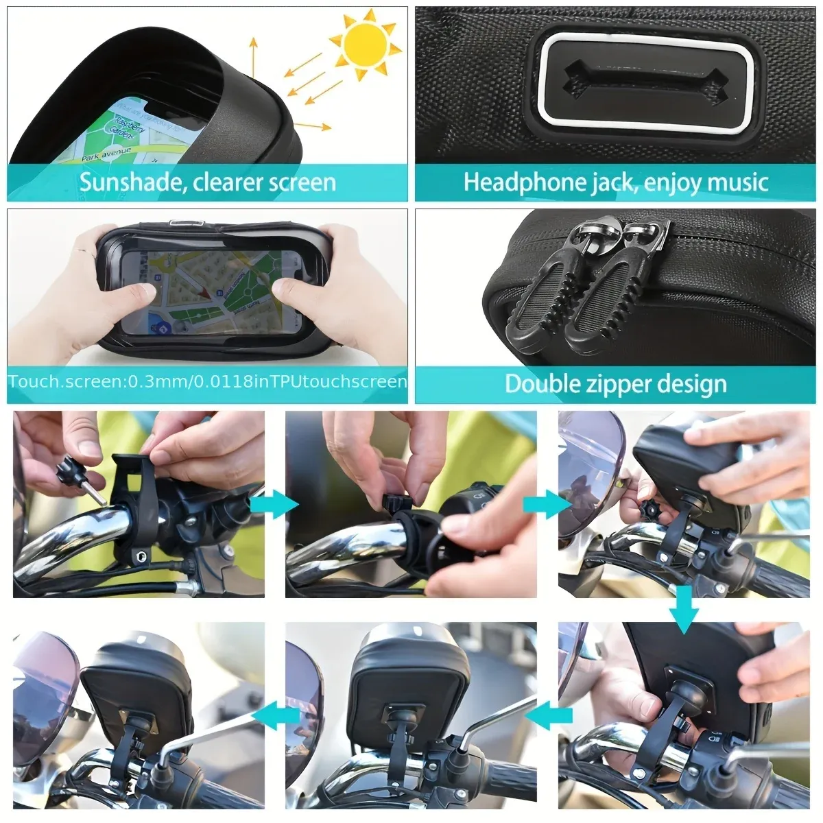 Support pour téléphone portable de vélo étanche, fixation avant pour guidon et moto, rotation à 360° 6