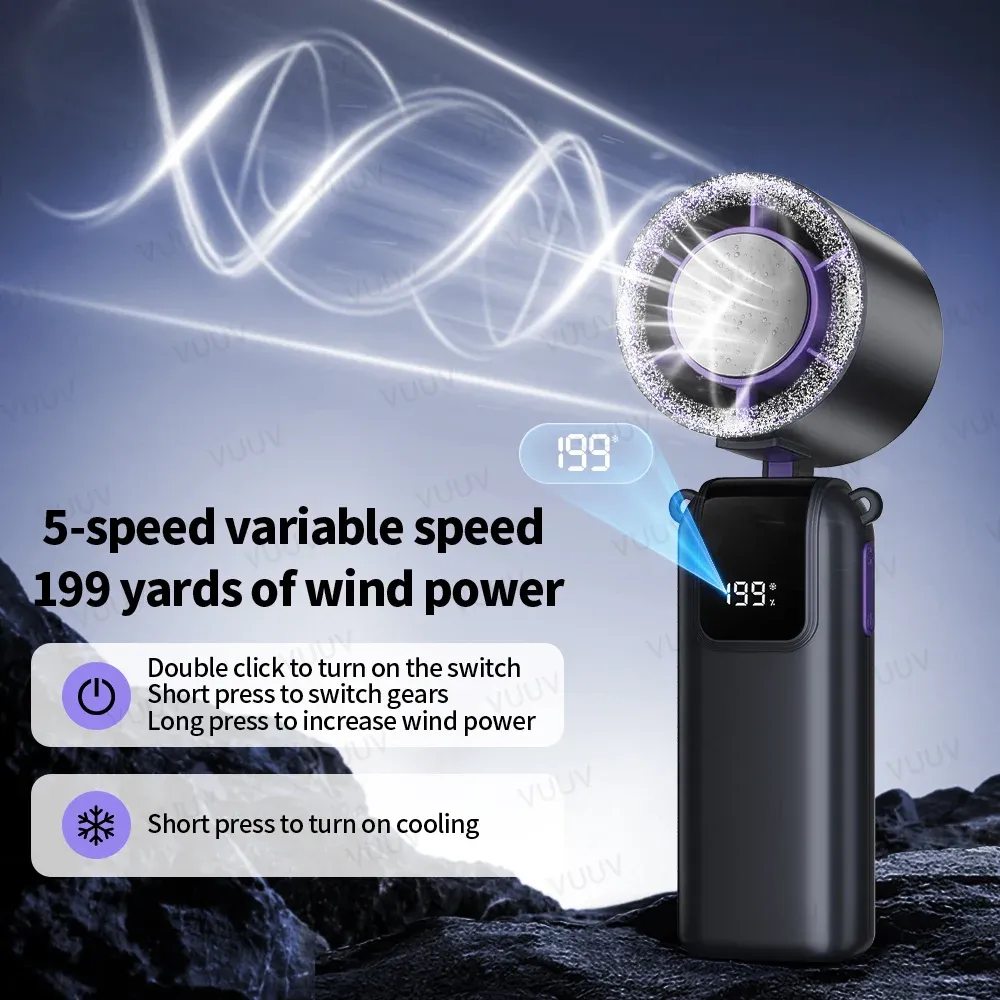 Ventilateur portable rafraîchissant à glace, 199 vitesses, turbo, USB, pliable et suspendable, idéal pour l'extérieur 2