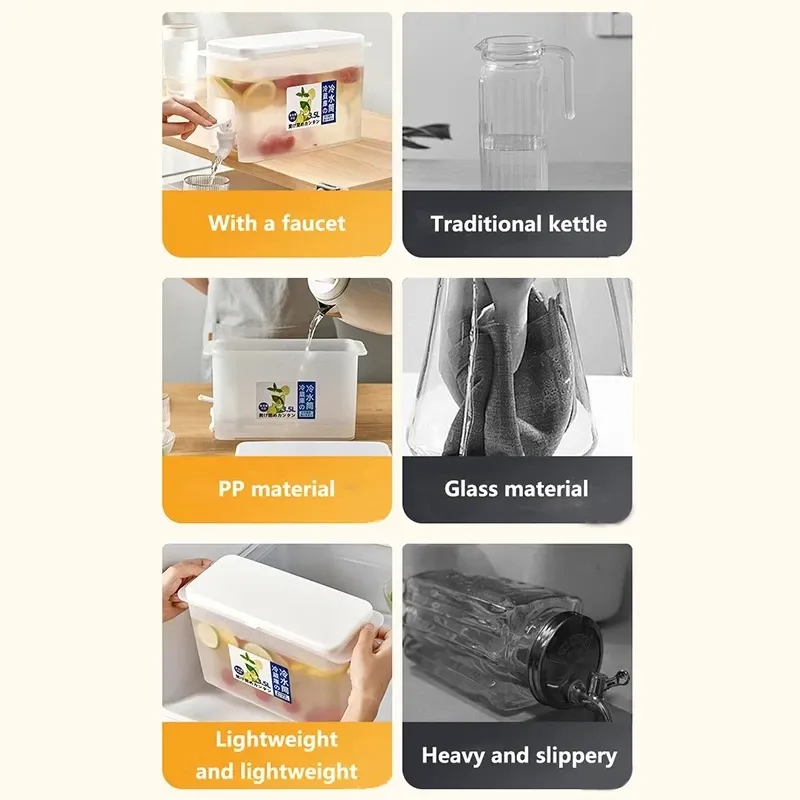 Distributeur de boissons à robinet, seau de stockage de liquides 3,5 L pour jus, limonade et boissons froides, organisateur de réfrigérateur extérieur 3