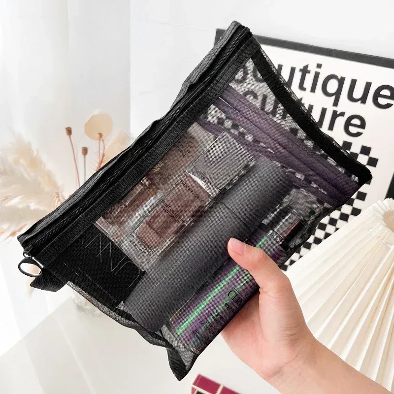 Trousse de maquillage transparente en maille noire, pochette de rangement portable pour voyage, pour cosmétiques et rouge à lèvres (lot de 1 ou 3) 3