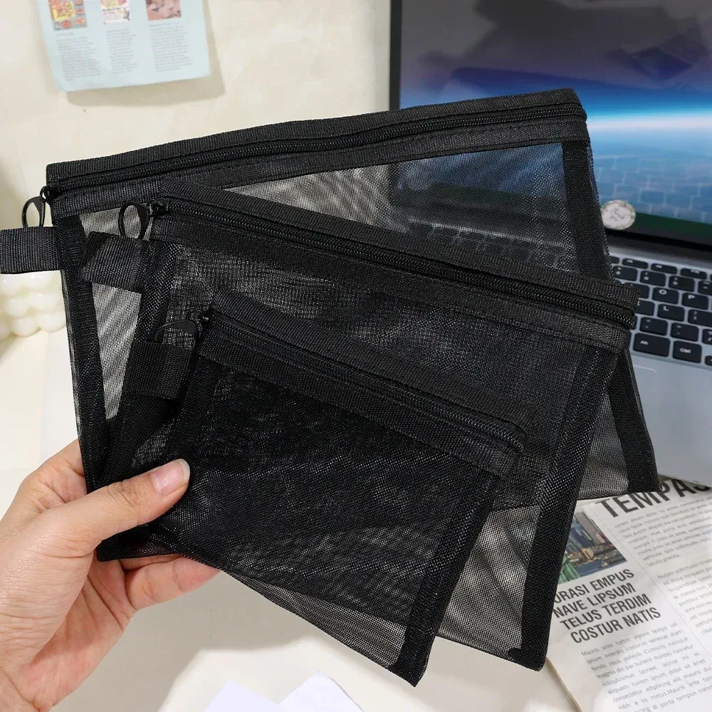 Trousse de maquillage transparente en maille noire, pochette de rangement portable pour voyage, pour cosmétiques et rouge à lèvres (lot de 1 ou 3) 4