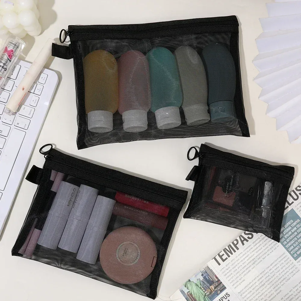Trousse de maquillage transparente en maille noire, pochette de rangement portable pour voyage, pour cosmétiques et rouge à lèvres (lot de 1 ou 3) 10