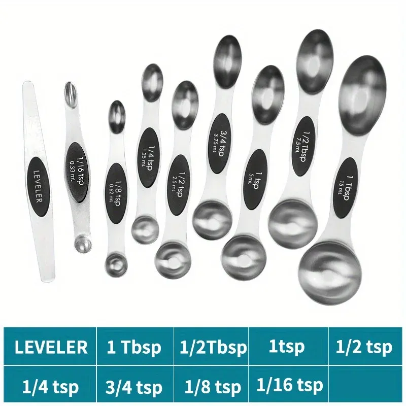Cuillères doseuses double embout en acier inoxydable, lot de 9 pièces avec aimantation et graduations, ustensile de cuisson 8