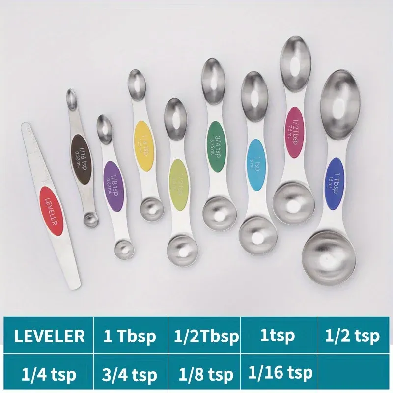 Cuillères doseuses double embout en acier inoxydable, lot de 9 pièces avec aimantation et graduations, ustensile de cuisson 7