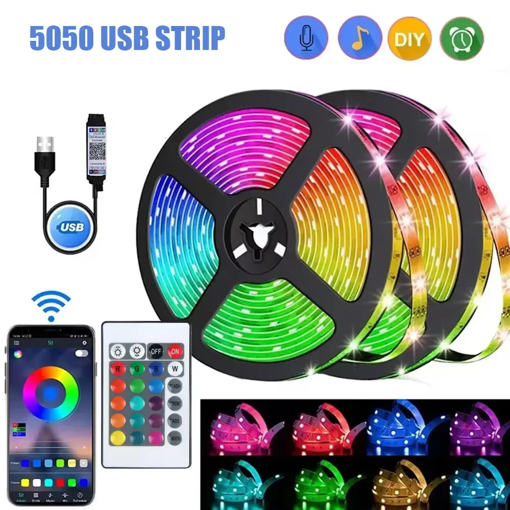 Bande lumineuse LED RGB 5050 à commande Bluetooth et télécommande IR, alimentation USB, rétroéclairage décoratif pour festivals et maison